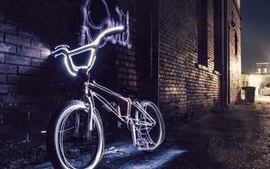 Preview wallpaper bicycle, neon, steering wheel, yard, evening
