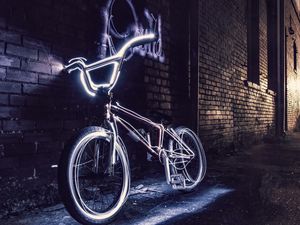 Preview wallpaper bicycle, neon, steering wheel, yard, evening