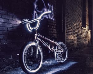 Preview wallpaper bicycle, neon, steering wheel, yard, evening