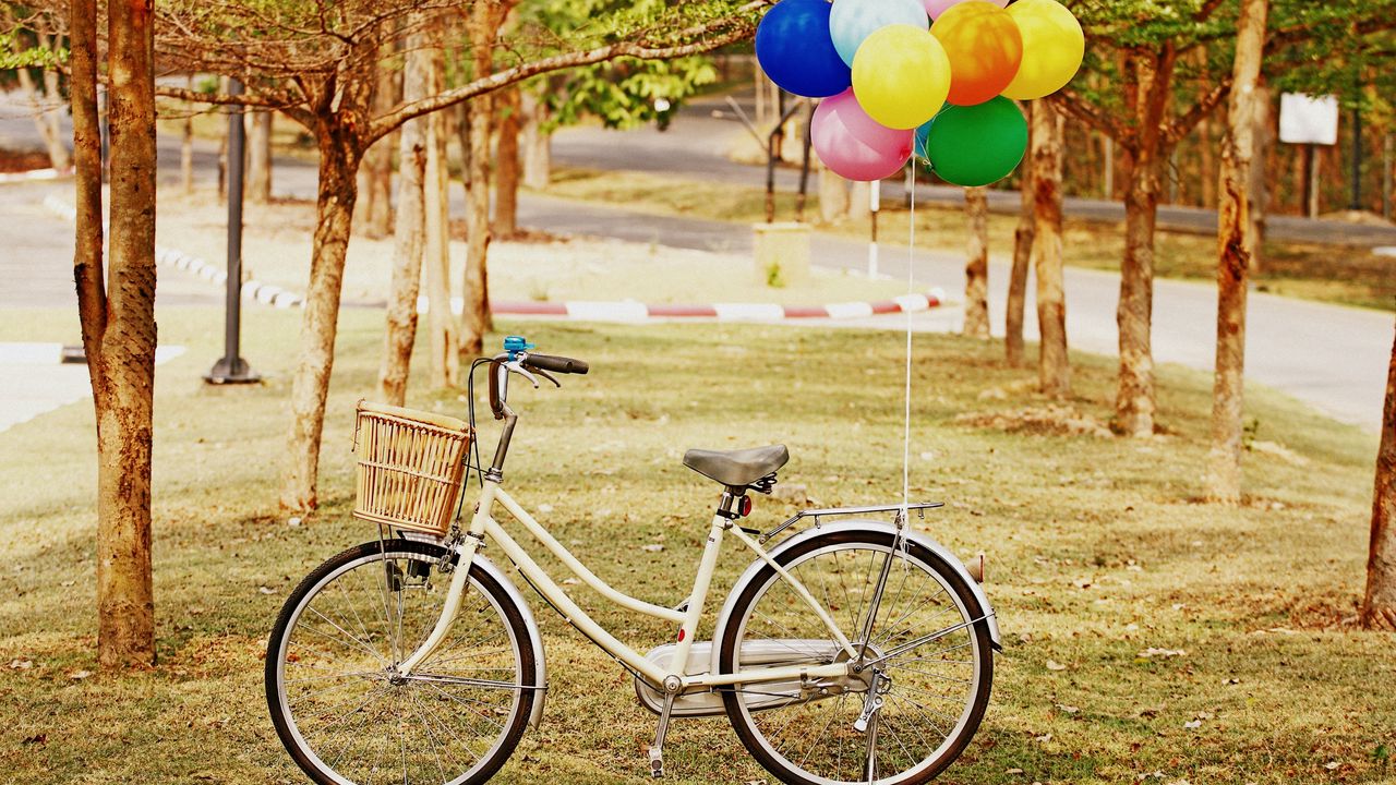 Wallpaper bicycle, park, balloons, grass