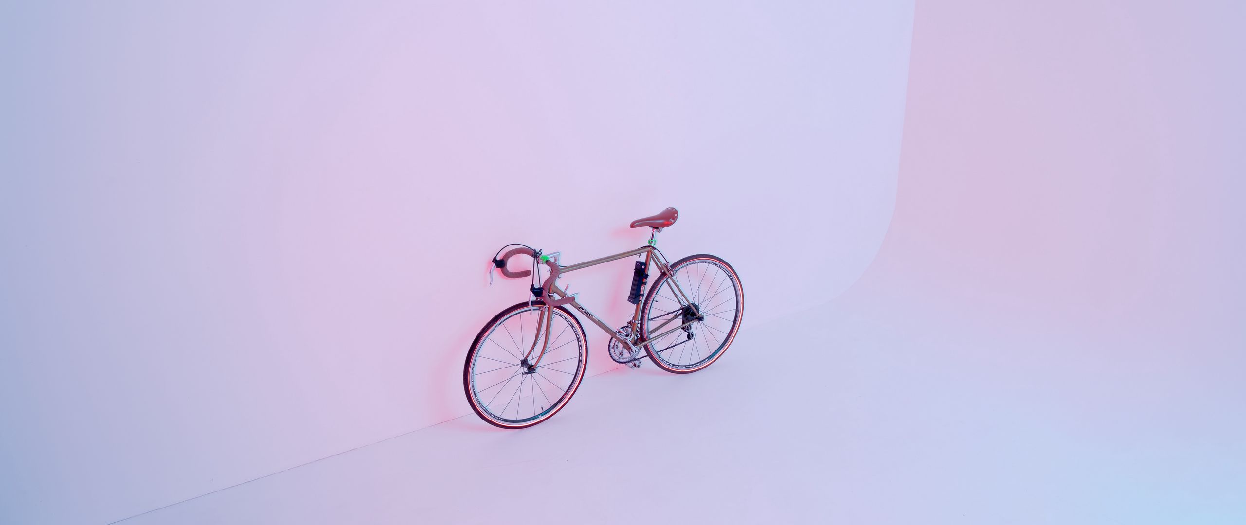2560x1080 Wallpaper bicycle, pink, light
