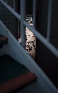 Preview wallpaper bicycle, staircase, dark, building