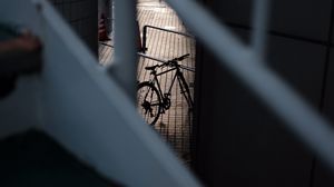 Preview wallpaper bicycle, staircase, dark, building