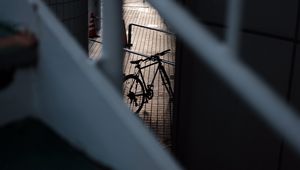 Preview wallpaper bicycle, staircase, dark, building