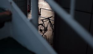 Preview wallpaper bicycle, staircase, dark, building