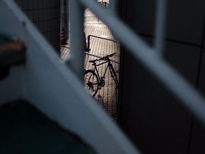 Preview wallpaper bicycle, staircase, dark, building