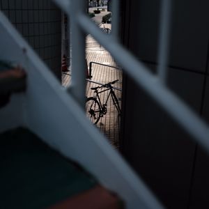 Preview wallpaper bicycle, staircase, dark, building