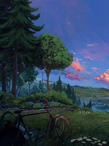 Preview wallpaper bicycle, trees, art, forest, landscape, summer