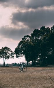 Preview wallpaper bicycle, trees, grass, clearing, clouds, overcast