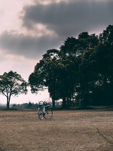 Preview wallpaper bicycle, trees, grass, clearing, clouds, overcast