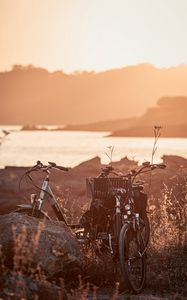 Preview wallpaper bicycle, walk, stone, lake, sunset