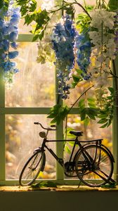Preview wallpaper bicycle, window, statuette, flowers