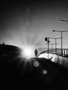 Preview wallpaper bicyclist, bridge, bw, silhouette, night