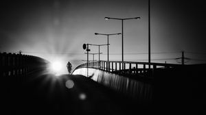 Preview wallpaper bicyclist, bridge, bw, silhouette, night