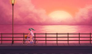 Preview wallpaper bicyclist, sea, art, girl, ride