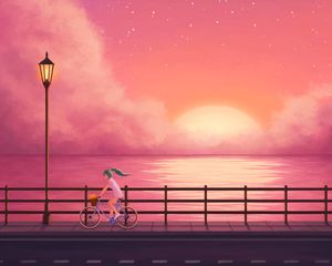Preview wallpaper bicyclist, sea, art, girl, ride