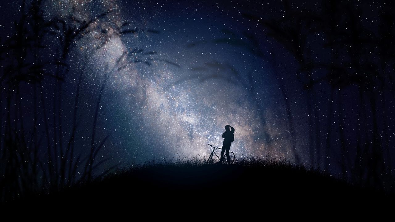 Wallpaper bicyclist, silhouette, starry sky, night, milky way