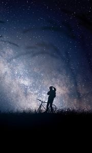 Preview wallpaper bicyclist, silhouette, starry sky, night, milky way