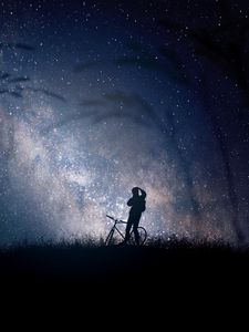 Preview wallpaper bicyclist, silhouette, starry sky, night, milky way