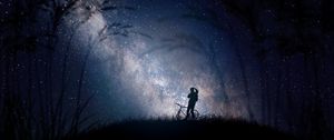 Preview wallpaper bicyclist, silhouette, starry sky, night, milky way