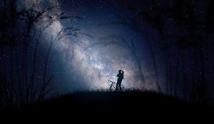 Preview wallpaper bicyclist, silhouette, starry sky, night, milky way