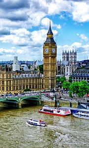 Preview wallpaper big ben, london, palace of westminster, bridge, river, thames, boats, hdr
