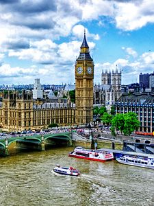 Preview wallpaper big ben, london, palace of westminster, bridge, river, thames, boats, hdr
