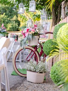 Preview wallpaper bike, basket, bouquet, flowers, flashlights