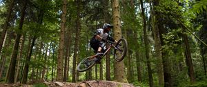 Preview wallpaper bike, cyclist, jump, mtb, cross country, forest, trees