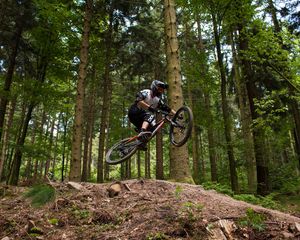 Preview wallpaper bike, cyclist, jump, mtb, cross country, forest, trees