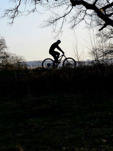 Preview wallpaper bike, cyclist, silhouette, riding, sport, trees, dark