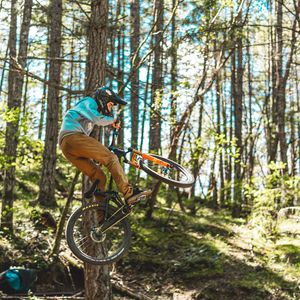 Preview wallpaper bike, cyclist, stunt, forest