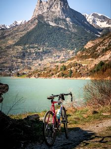 Preview wallpaper bike, mountains, lake, road, nature