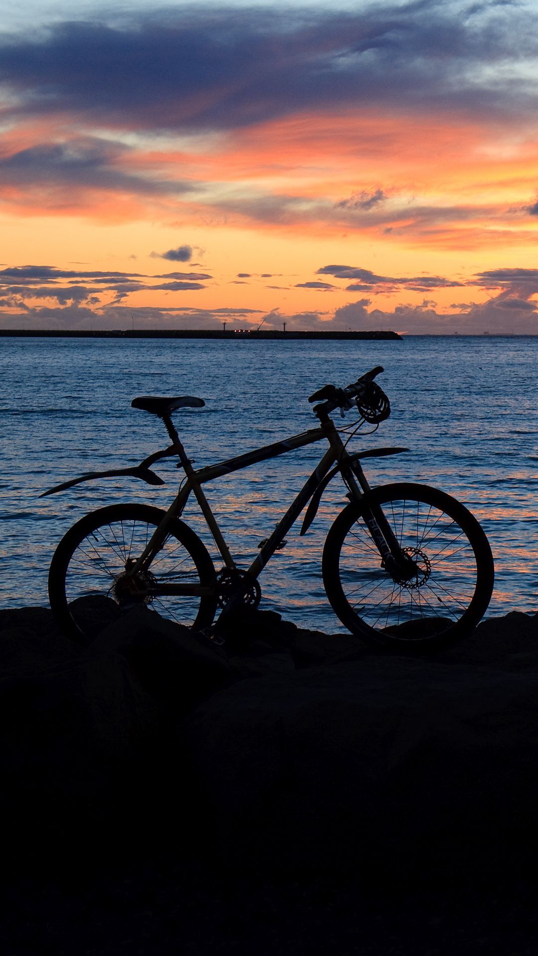 Download wallpaper 1080x1920 bike, silhouette, sea, twilight, dark ...