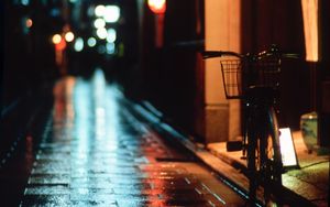 Preview wallpaper bike, street, rain, night, dark