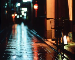 Preview wallpaper bike, street, rain, night, dark