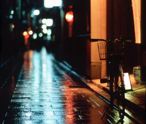 Preview wallpaper bike, street, rain, night, dark