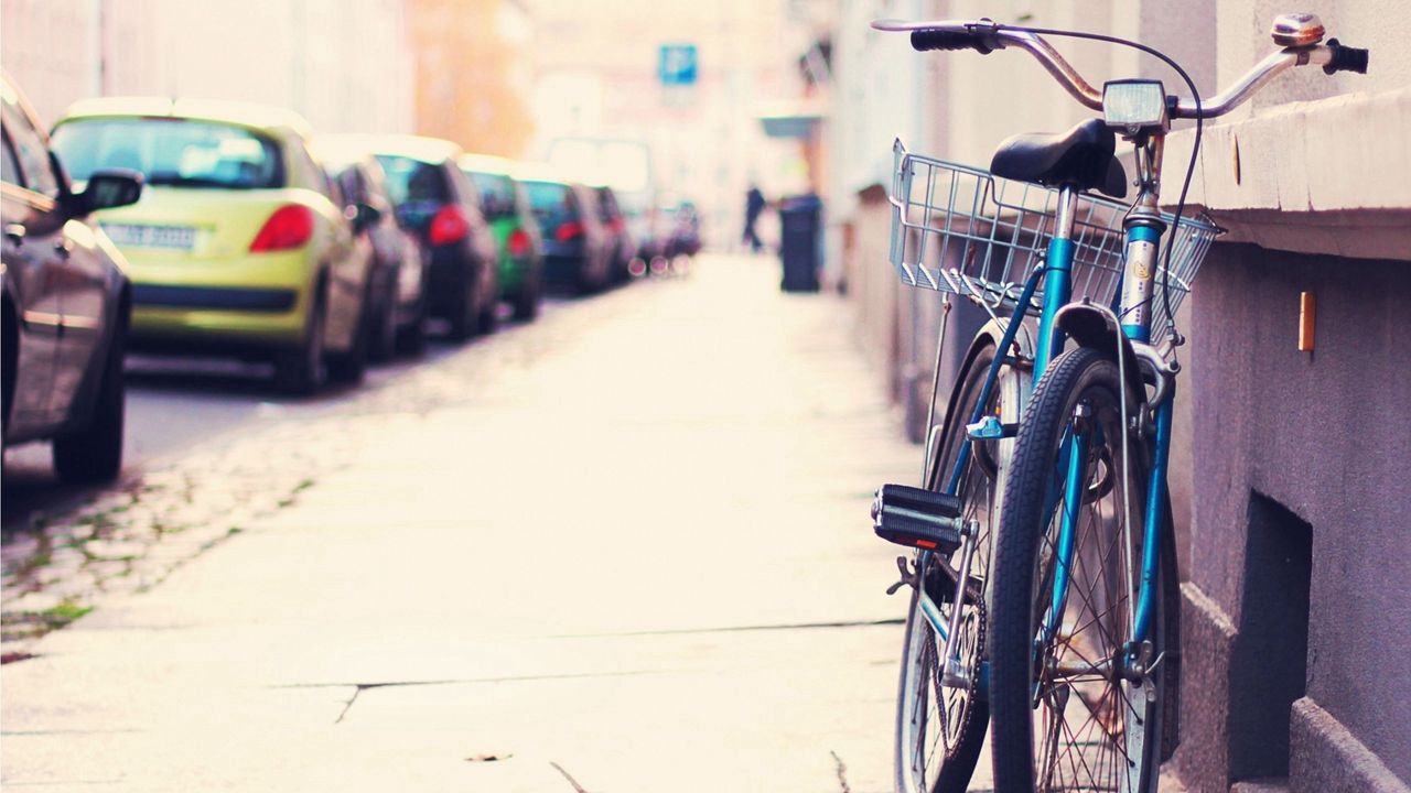 Wallpaper bike, street, sidewalk, cars, parking