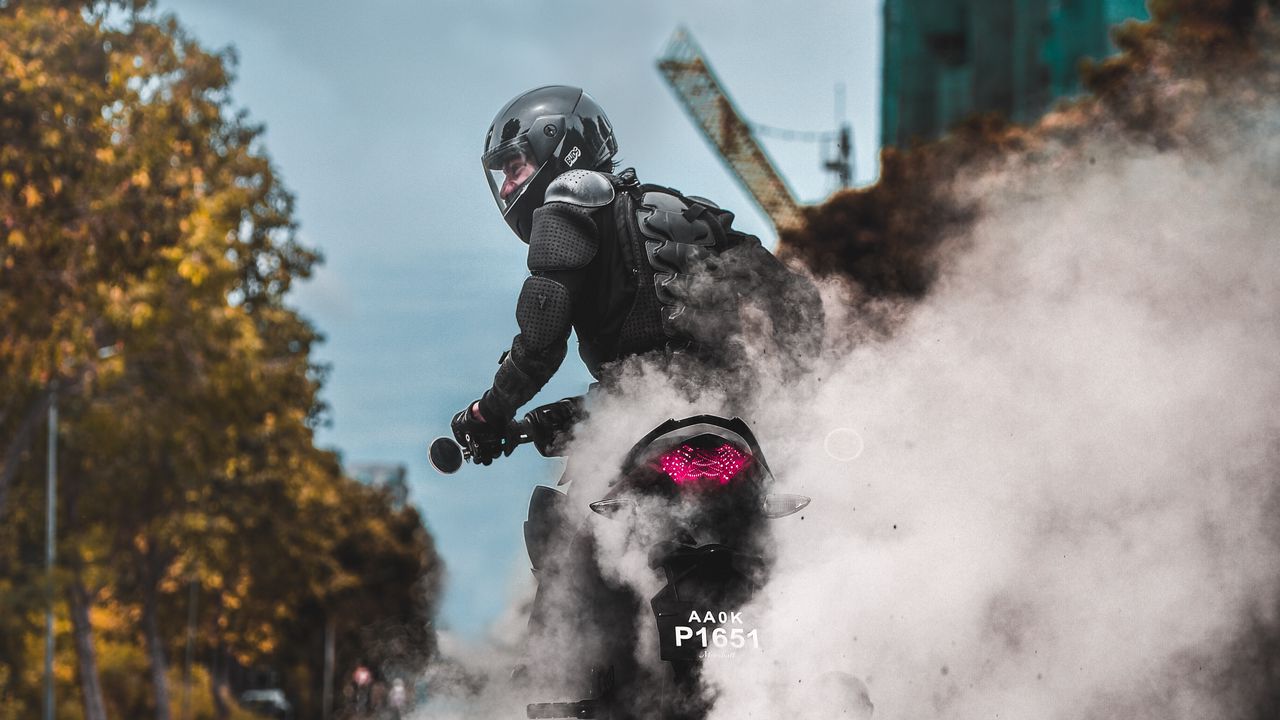 Wallpaper biker, motorcycle, drift, smoke, bike