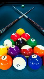 Preview wallpaper billiard, balls, cue, table