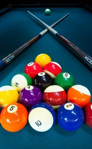 Preview wallpaper billiard, balls, cue, table