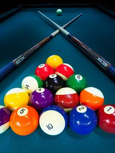 Preview wallpaper billiard, balls, cue, table