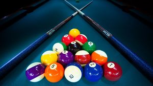 Preview wallpaper billiard, balls, cue, table