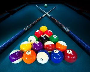 Preview wallpaper billiard, balls, cue, table