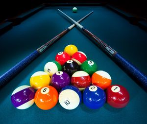 Preview wallpaper billiard, balls, cue, table