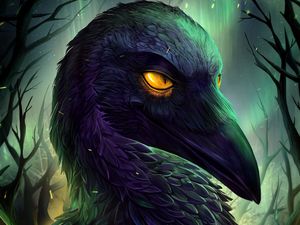 Preview wallpaper bird, black, northern lights, sparks, art