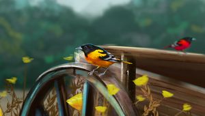 Preview wallpaper bird, cart, wheel, nature, art