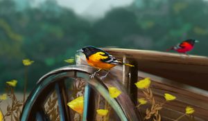 Preview wallpaper bird, cart, wheel, nature, art