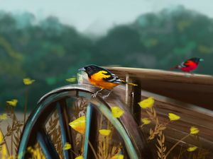 Preview wallpaper bird, cart, wheel, nature, art