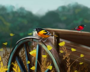 Preview wallpaper bird, cart, wheel, nature, art